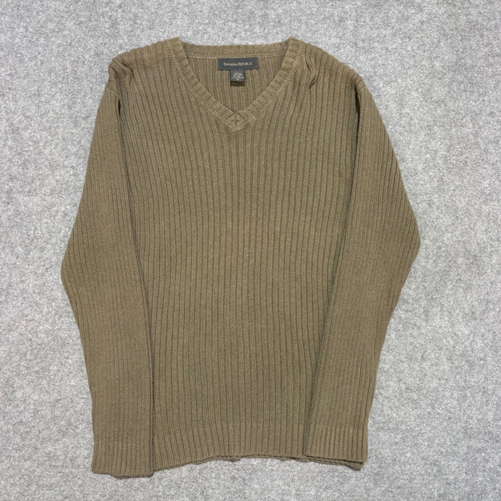 Banana Republic Mens V-Neck Ribbed Knit Cotton Sweater Olive Brown Size M